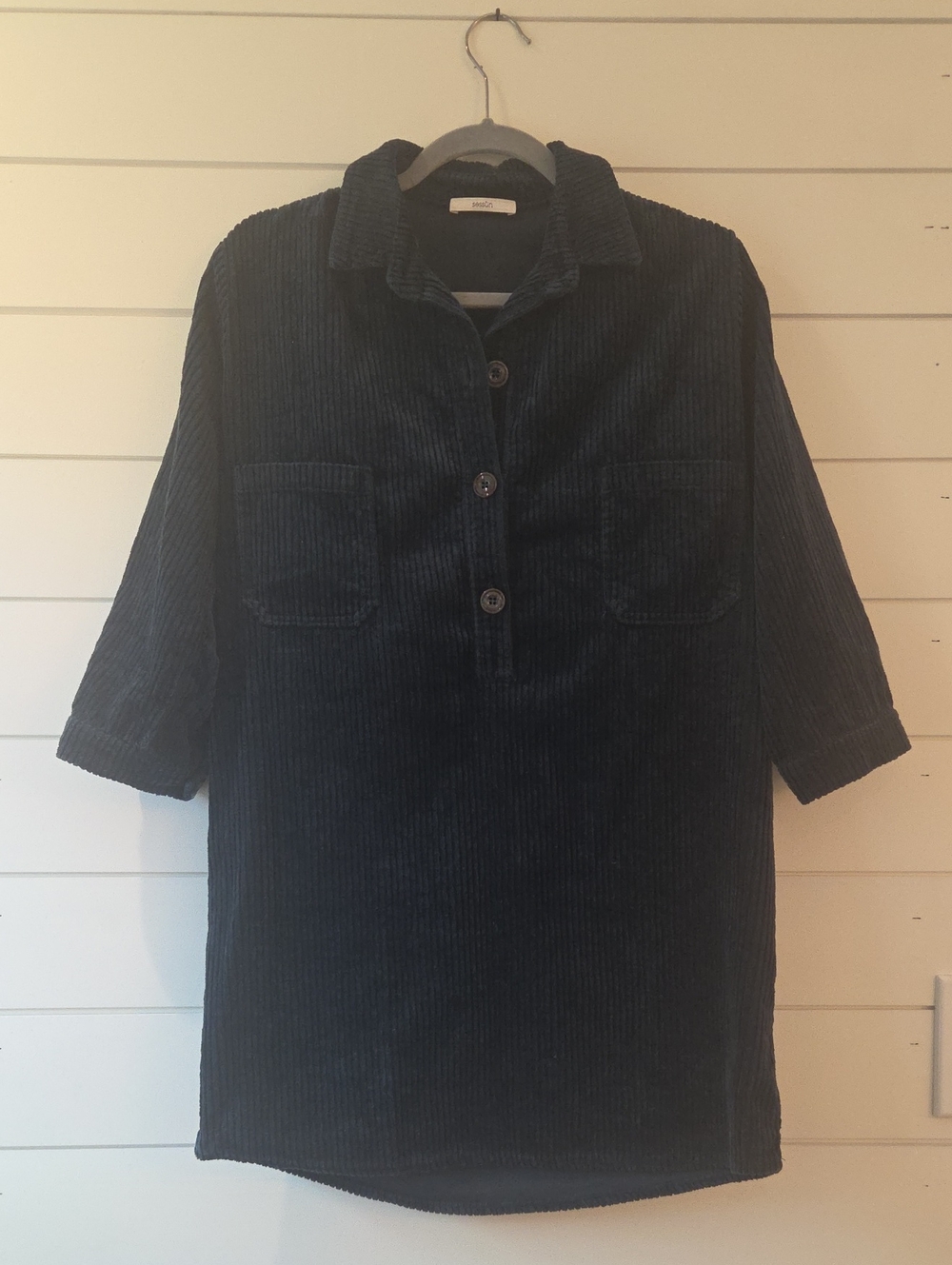 Sessun- Casual Corduroy Button-Up Mini Shirt Dress - Dark Green Size M - Picture 4 of 7
